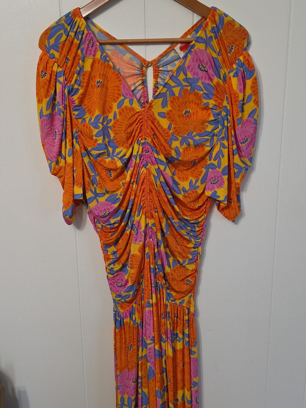 Farm Rio x Anthro Orange Pink Blue Floral Ruched Knit Maxi Dress Womens XL NEW! - Picture 5 of 13